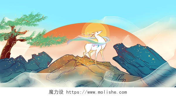国潮中国风手绘九色鹿山石风景原创插画素材